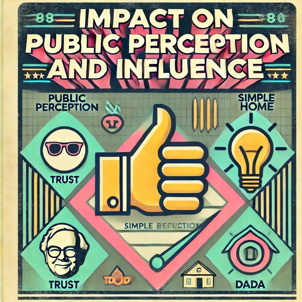 Impact on Public Perception and Influence icons like a thumbs-up for trust, a lightbulb for influence emphasizing how Buffett’s modest lifestyle enhances his reputation and influence