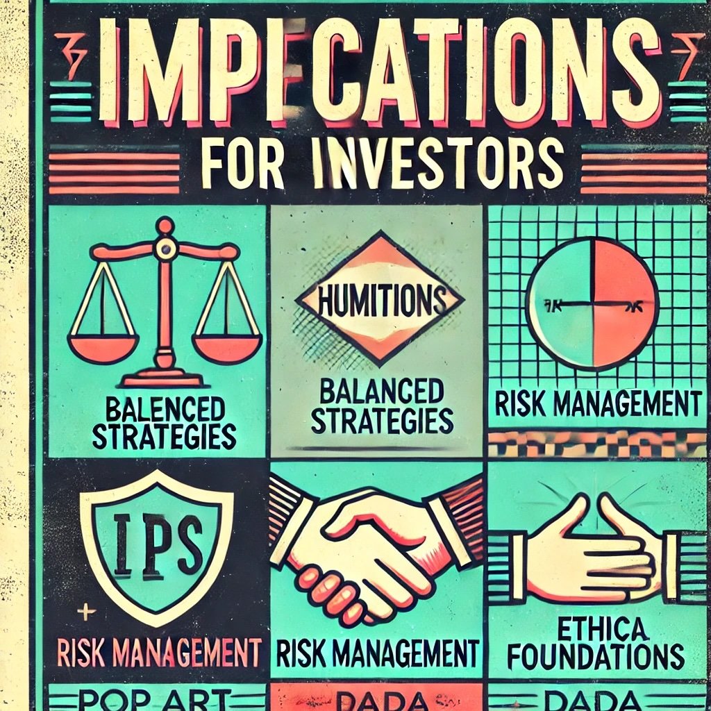 Implications for Investors featuring icons like a scale for balanced strategies, a shield for risk management, and importance of humility, risk management, and integrity in investing