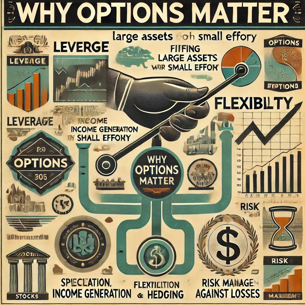 importance of options in trading through visual elements like leverage, flexibility, and risk management financial symbols creating educational tool for understanding options' strategic uses