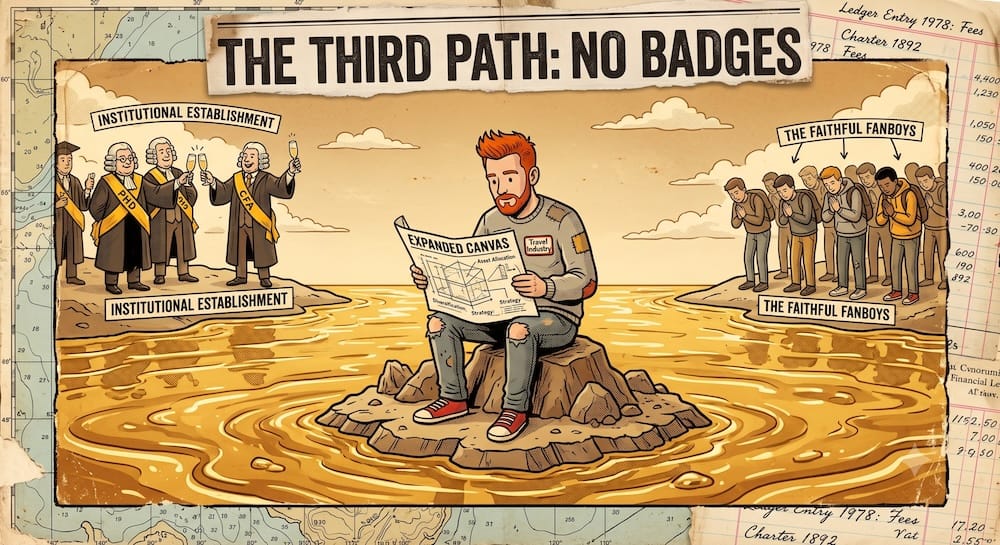 A retro cartoon collage showing a red-haired man wearing a Travel Industry badge sitting on a tiny rocky island surrounded by an ocean of golden glaze. He is calmly reading an 'Expanded Canvas' blueprint. On the left shore, institutional gatekeepers in robes and CFA sashes toast with champagne. On the right shore, fanboys bow in reverence.