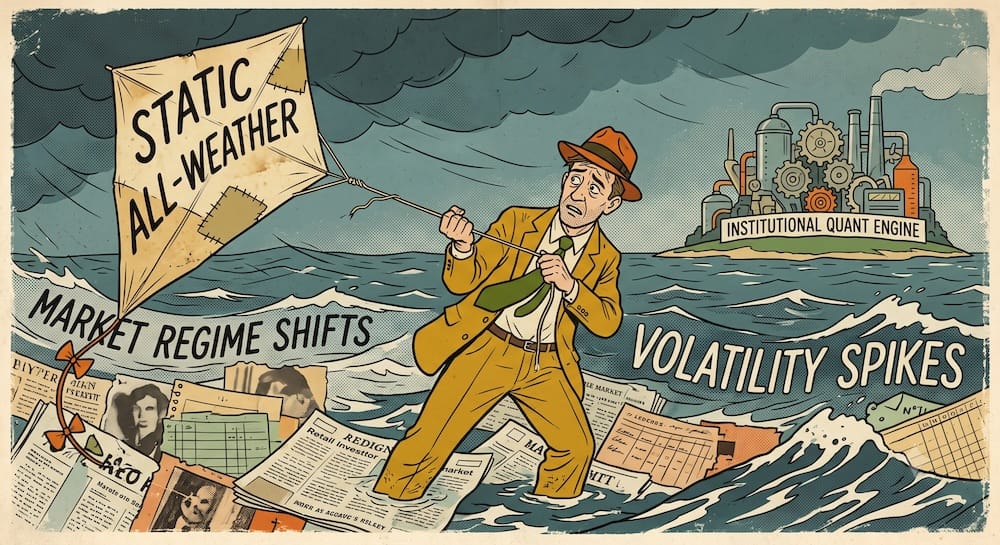 A beleaguered retail investor attempting to fly a fragile paper kite labeled 'STATIC ALL-WEATHER' amidst a violent hurricane of swirling financial ledger fragments and torn newspaper clippings. Gale-force winds labeled 'MARKET REGIME SHIFTS' and 'VOLATILITY SPIKES' threaten to destroy the kite, while a disengaged 'INSTITUTIONAL QUANT ENGINE' operates smoothly in the distant background.