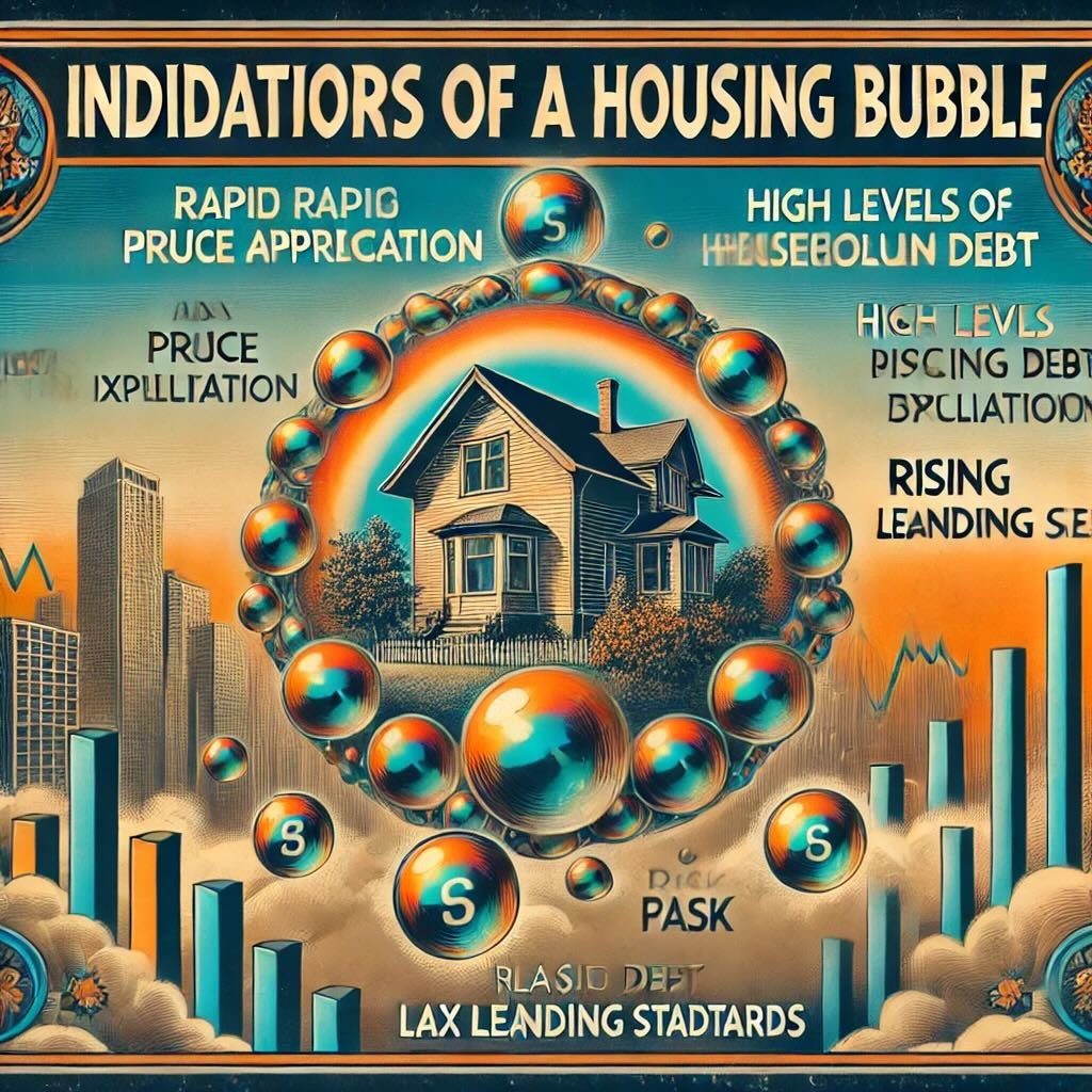 indicators of a housing bubble, focusing on rapid price appreciation, high levels of speculation, rising household debt, and lax lending standards