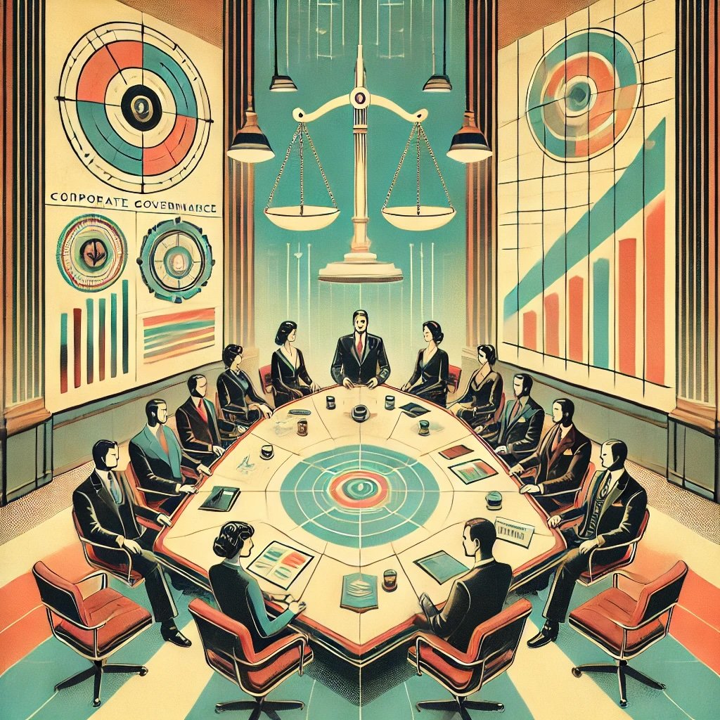 Influence on Modern Corporate Governance with retro-themed aesthetics, combining professionalism and ethical oversight in a vintage style