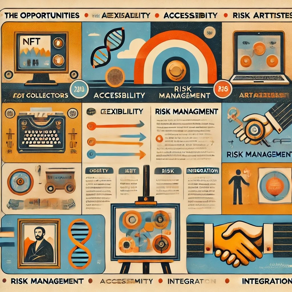 infographic comparing opportunities challenges for collectors and artists in realms of NFTs and traditional artwork highlights flexibility, accessibility, risk management and integration