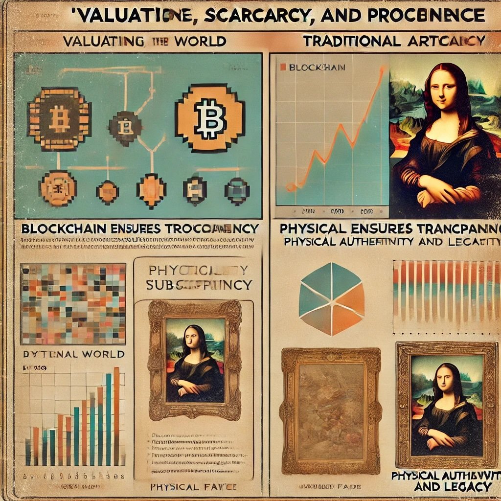 infographic comparing Valuation, Scarcity, and Provenance between NFTs and traditional artwork highlights the digital transparency of NFTs and the physical authenticity tied to traditional art, all while emphasizing the subjective nature of valuation