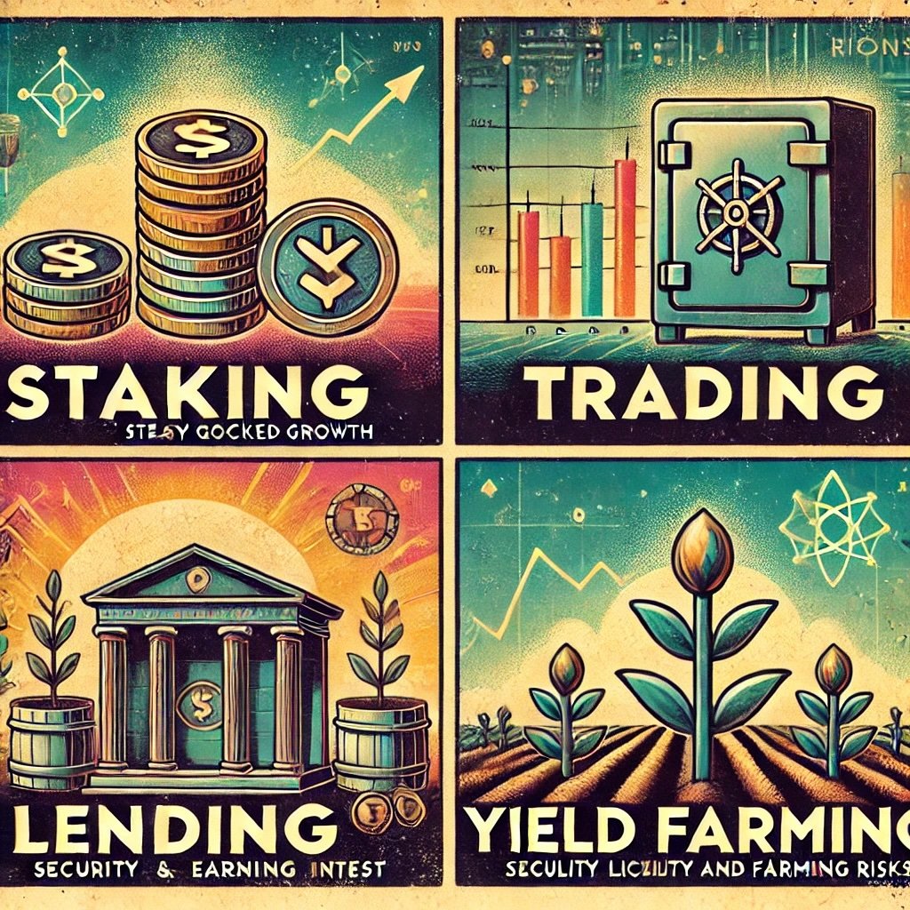 infographic comparing various crypto investment strategies, including Staking, Trading, Lending, and Yield Farming section visually highlights the unique aspects of these strategies with vibrant and iconic retro motifs