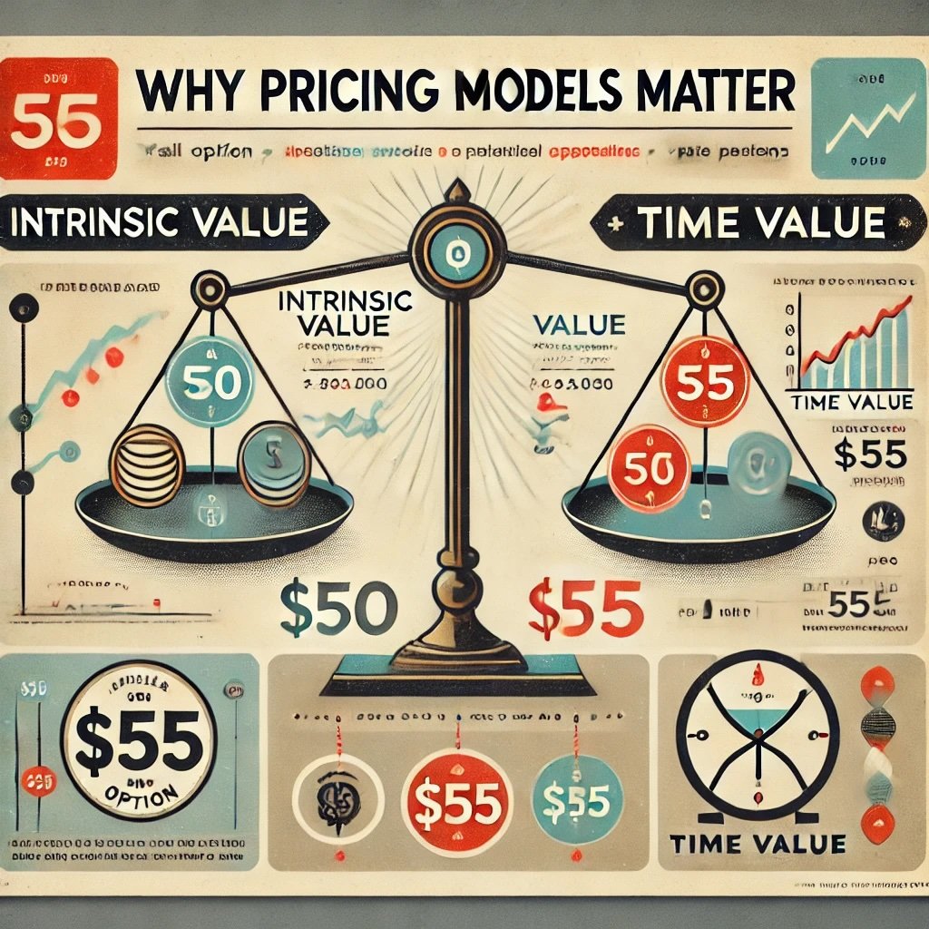 infographic concept of why pricing models matter in option trading showcasing balance between intrinsic and time value emphasizing importance of fair valuation in market strategies