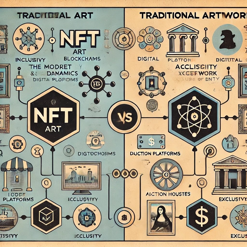 infographic contrasting market dynamics accessibility of NFT art versus traditional artwork modern, tech-driven inclusivity of NFTs along historical, elite exclusivity of traditional art