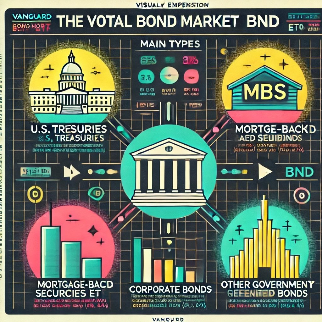 infographic illustrating composition of Vanguard Total Bond Market ETF BND US Treasuries, Mortgage-Backed Securities, Corporate Bonds, Other Government-Related Bonds