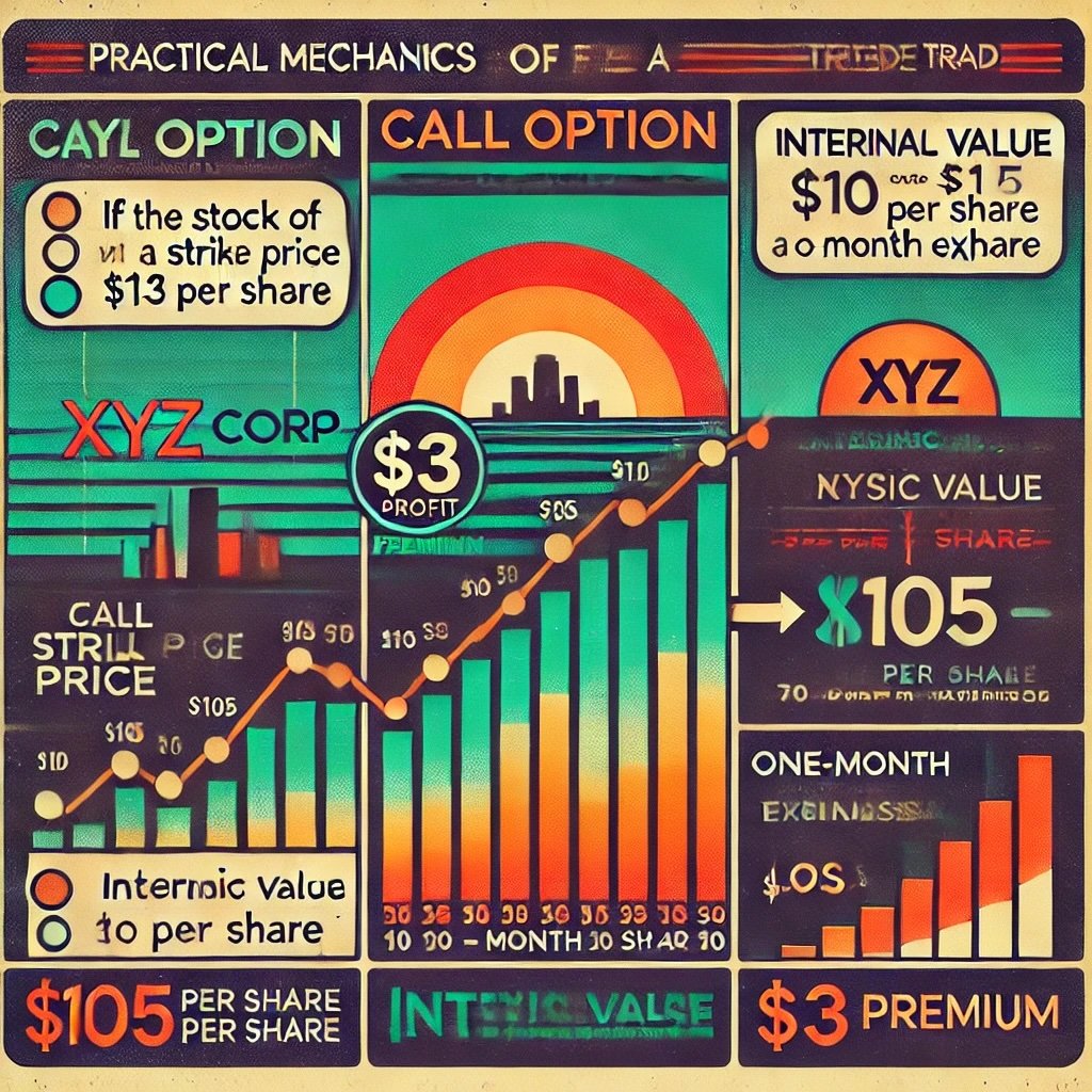 infographic illustrating practical mechanics of a call option trade scenario involving XYZ Corp showcasing both the profit and loss outcomes depending on the stock's performance by expiration