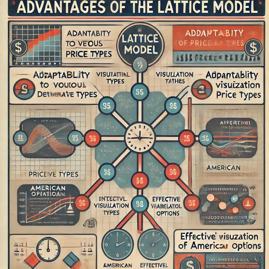 infographic illustrating the advantages of the lattice model, featuring a visually engaging layout with vintage elements to emphasize clarity, flexibility, and adaptability in derivative pricing