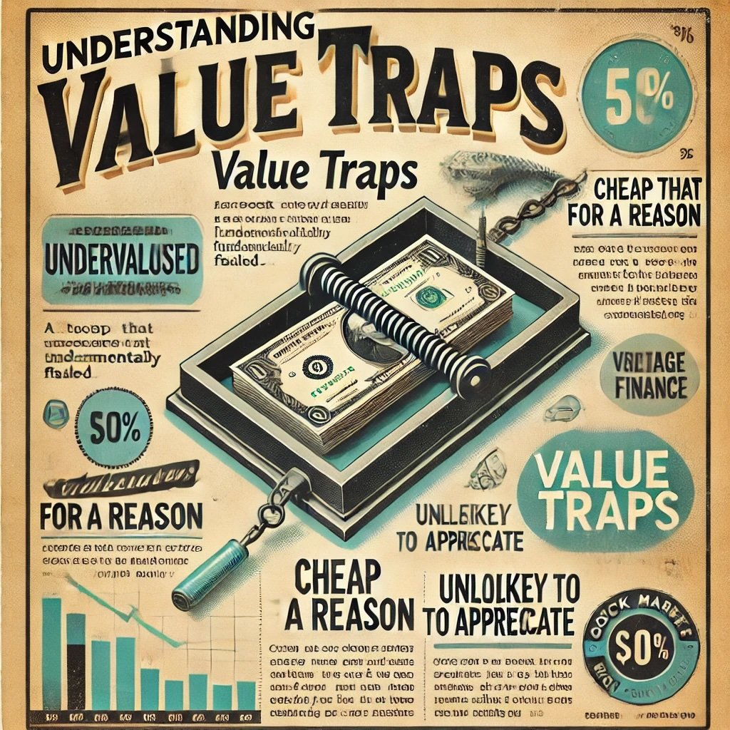 infographic on Understanding Value Traps designed with a vintage finance theme to visually represent the concept