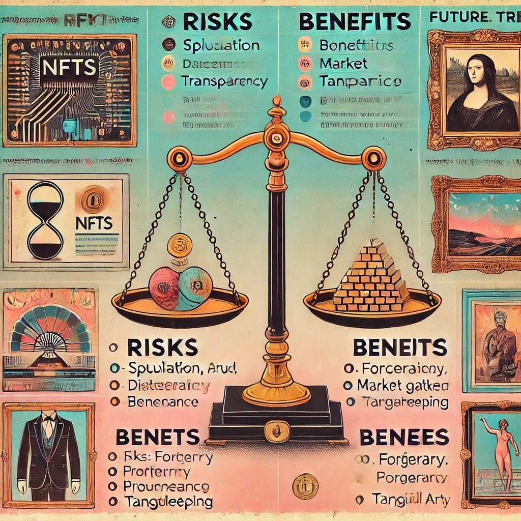 infographic Risks, Benefits, and Future Trends of NFTs versus traditional artwork balance between these two forms of collectibles, highlighting unique challenges and opportunities