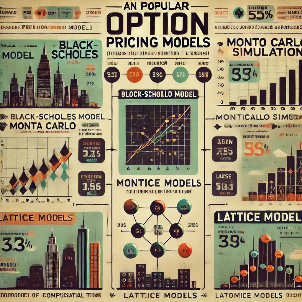 infographic showcasing an overview of popular option pricing models, highlighting the Black-Scholes Model, Monte Carlo Simulation, and Lattice Models in a vintage financial aesthetic