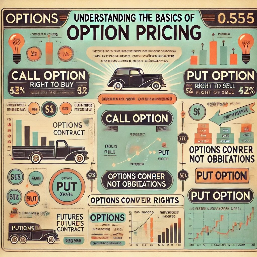  infographic titled Understanding the Basics of Option Pricing emphasizing the key distinctions and principles of options trading with a vintage financial aesthetic