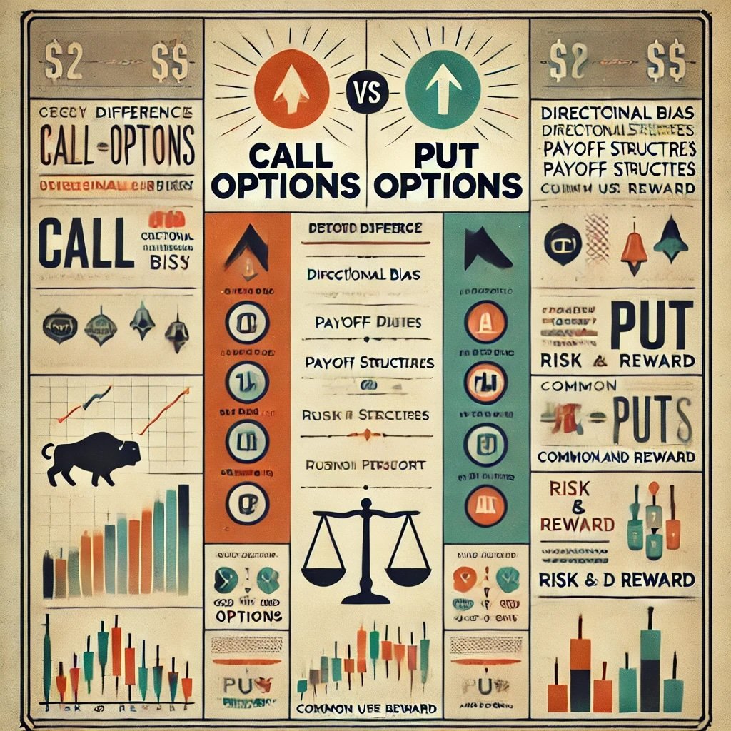  infographic visually comparing call and put options highlighting their differences in directional bias, payoff structures, risk and reward, common use cases and emotional perspectives