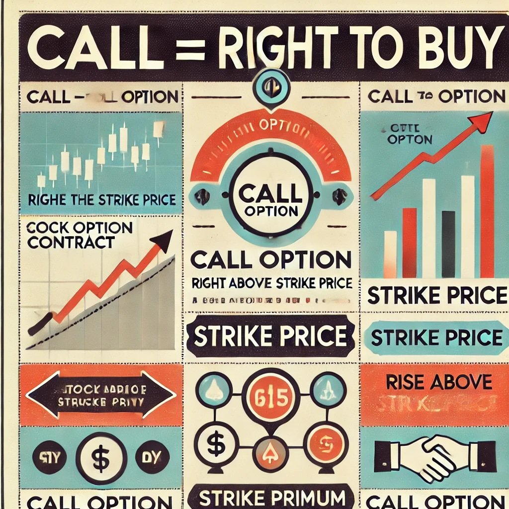 infographic visually explaining concept of a call option emphasizing the Call = Right to Buy theme with elements stock price graph, a call contract, and icons representing buyer and seller