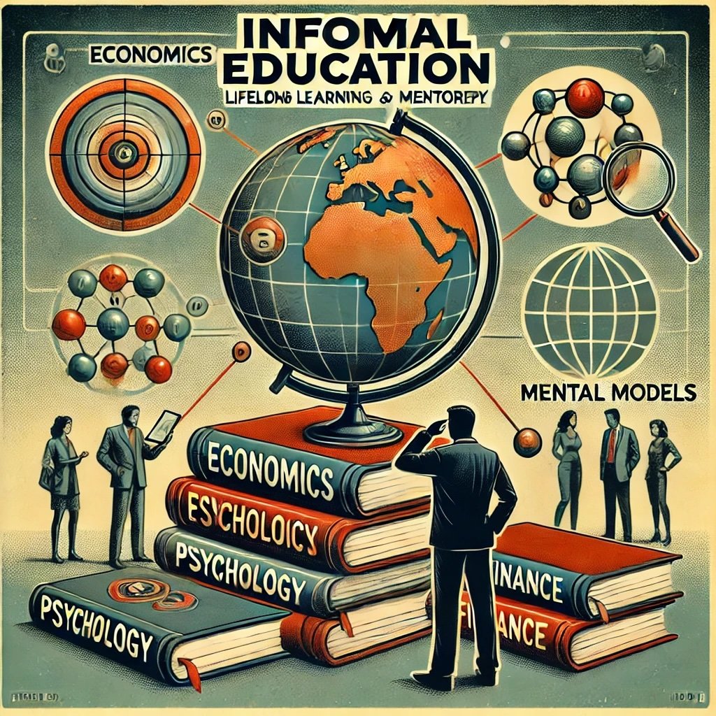 Informal Education depicts a figure surrounded by stacks of books labeled Economics, Psychology, and Finance, alongside a globe symbolizing global learning