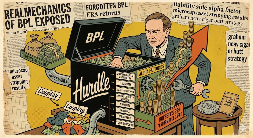 Warren Buffett inside an open BPL chest, labeled 'Hurdle' and 'Cosplay'. He manipulates 'Other People's Money' with a 'Labor' wrench into 'Alpha Factories', generating an up-arrow of cash and 'Buffett's 25% Performance Carry'. A $100 coin sits nearby under 'Buffett's $100 Capital'. Newspaper clippings headline 'Realmechanics of BPL exposed' and 'microcap asset stripping results'.