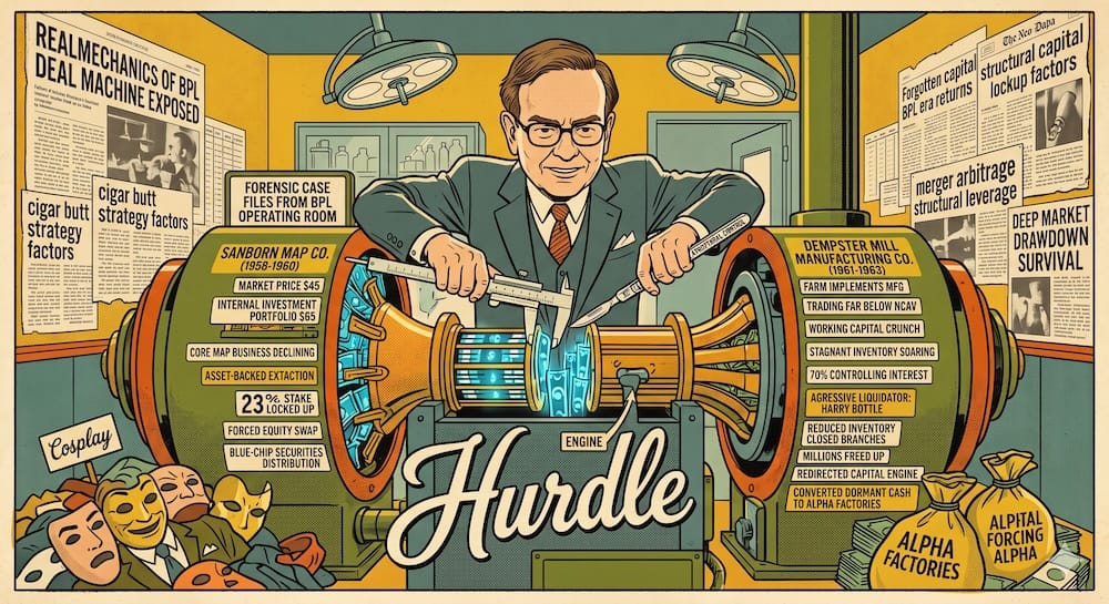 Young Warren Buffett, using forensic tools, operating a fantastical asset extraction machine to separate value from two huge industrial case files labeled 'SANBORN MAP CO. (1958-1960)' and 'DEMPSTER MILL MFG. CO. (1961-1963)'. Columns list specific deal metrics like 'market price $45', 'internal portfolio $65', 'trading far below NCAV', and 'aggressive liquidator Harry Bottle'. He redirects freed capital into 'ALPHA FACTORIES'. Headlines report 'Realmechanics of BPL Deal Machine Exposed'.