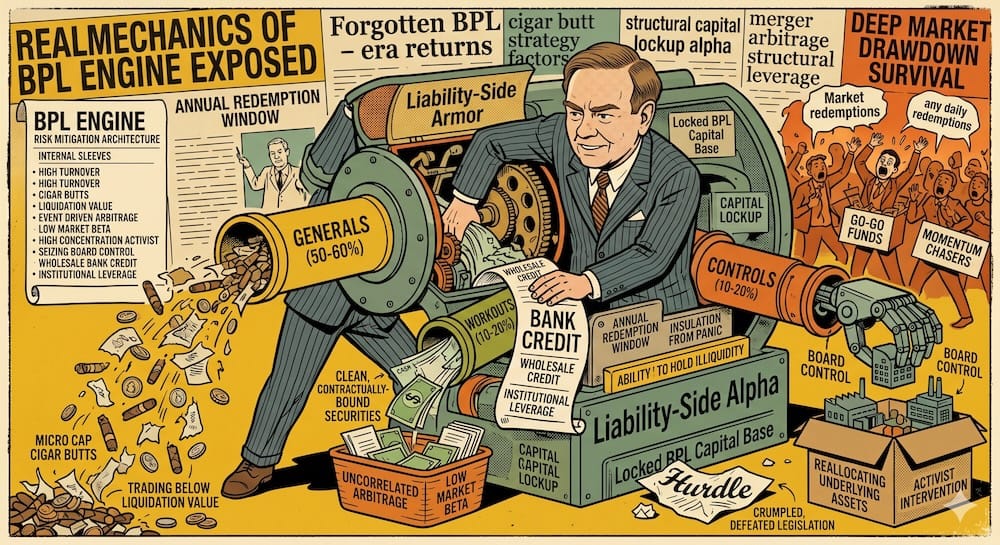 A young Warren Buffett manually running a fantastical, three-sleeved industrial BPL Engine wealth machine. Into the central mechanism, labeled column lists terms like 'generals (50-60%) micro cap cigar butts', 'workouts (10-20%) event driven arbitrage', and 'controls (10-20%) high concentration activist'. He holds a scroll of 'wholesale bank credit' while reallocating assets. The machinery is labeled 'risk mitigation architecture'.