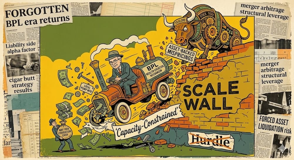 A young Warren Buffett caricature crashes his fantastical ‘BPL Wealth-Creation Mechanism’ vehicle, labelled with ‘cigar butts’ and ‘controls’, into a massive, crumbling ‘Scale Wall’. Stacks of cash tumble labeled ‘May 1969 Liquidation Cash’. Embedded phrase ‘Hurdle’ is visible and defeated.