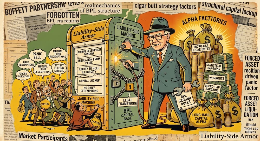 Young Warren Buffett, ignoreing a panicking crowd of market participants, using structural chains labeled ‘Legal Framework’ to lock and reinforce a huge defensive chest marked ‘Liability-Side Machine’ and 'BPL Capital Base'. Integrated columns list terms like ‘Annual Redemption Window’ and ‘Insulation From Panic’, proving how locked capital generated historical returns.