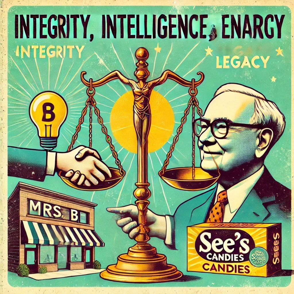 Integrity, Intelligence, and Energy featuring a balanced scale labeled with these qualities, observed by a figure resembling Buffett