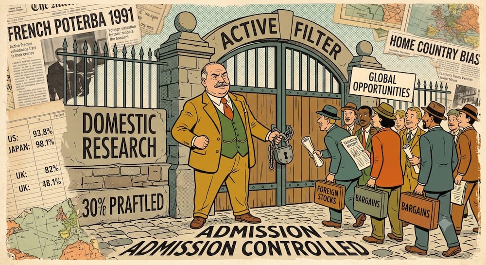 An "Admission Controlled" active filter where a domestic investor uses a heavy padlock labeled "DOMESTIC RESEARCH" to exclude global opportunities. The background collage confirms the home country equity bias, including the 1991 French and Poterba metric showing US portfolios concentrated 93.8% in local stocks.
