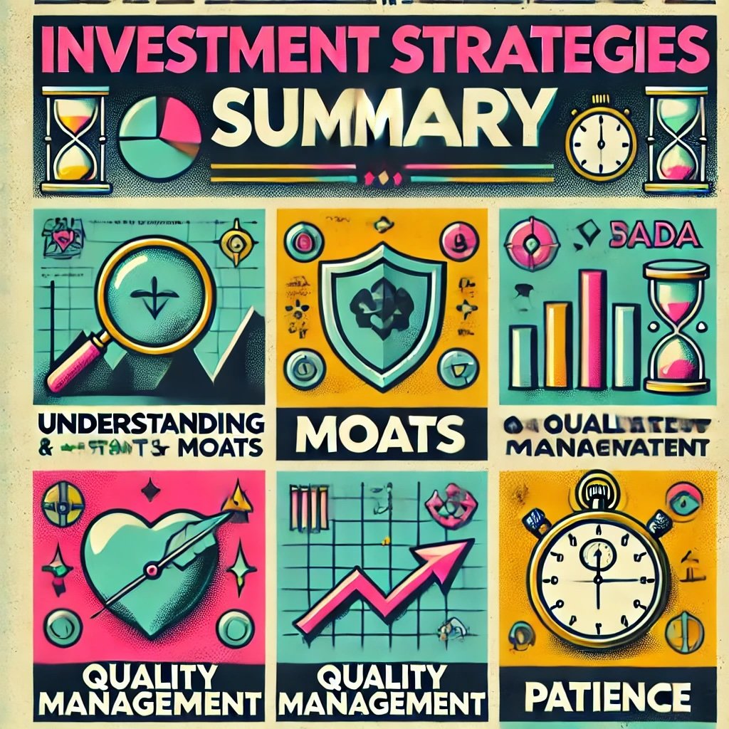 Investment Strategies Summary a magnifying glass, shield, and stopwatch to represent key investment principles nostalgic yet educational vibe for summarizing investment strategies