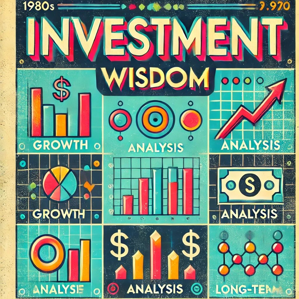 Investment Wisdom featuring a vibrant design with playful 1980s financial motifs