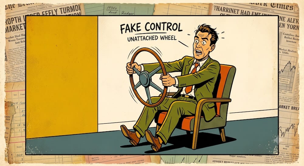 An investor with a distressed expression sits in an armchair, desperately gripping and turning a disconnected wooden steering wheel labelled "UNATTACHED WHEEL." The phrase "FAKE CONTROL" floats above him, illustrating how excessive trading activity provides a dangerous illusion of portfolio control.