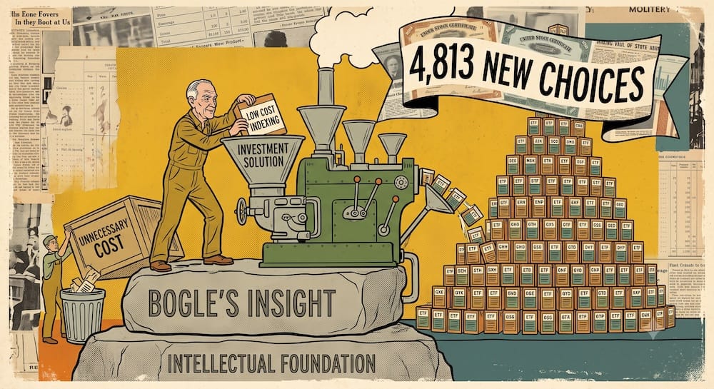 Escalando la Indexacion de Bajo Costo de Bogle hacia la Sobrecarga de Opciones de los ETFs Modernos John Bogle parado sobre un cimiento de piedra etiquetado como La Vision de Bogle y Fundacion Intelectual metiendo un bloque de Indexacion de Bajo Costo dentro de una maquina de fabrica de Solucion de Inversion. Otro trabajador descarta una caja de Costo Innecesario en un tacho. La maquina industrializa esta solucion unica produciendo una piramide enorme de cajas idénticas mientras un cartel arriba reza 4,813 Nuevas Opciones.