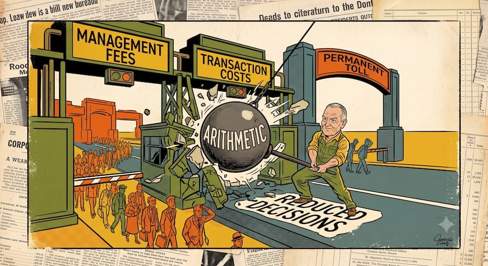 La Matematica de Bogle: Destruir el Peaje Permanente de las Comisiones Un grafico financiero conceptual muestra a John Bogle como una poderosa bola de demolicion etiquetada Matematica destruyendo una estructura compuesta por enormes peajes de piedra. Las puertas destruidas representan Comisiones de Gestion y Costos de Transaccion creando un Peaje directo sobre los rendimientos del inversor. En el primer plano numerosos inversores pequeños caminan libremente hacia adelante por un sendero despejado. La imagen simboliza como el enfoque de Bogle en el control de costos impulsado por la matematica elimina los gastos recurrentes.