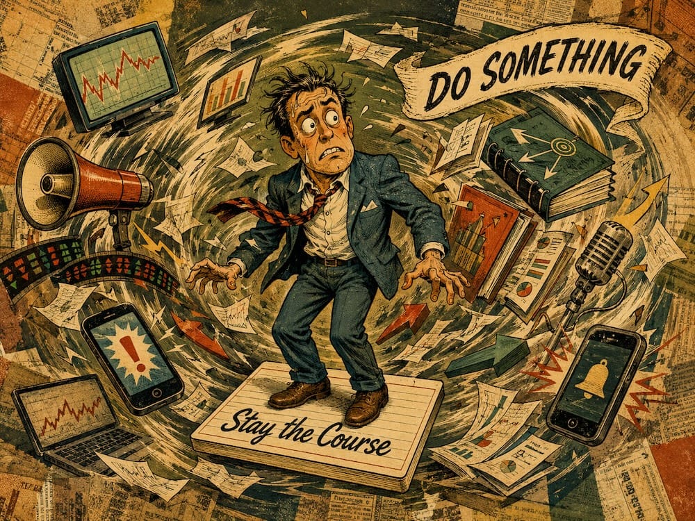 John Bogle investor behavior lesson with an anxious investor standing on a “Stay the Course” card as charts, alerts, forecasts, books, and trading signals swirl beneath a “DO SOMETHING” banner, representing financial noise and overreaction.