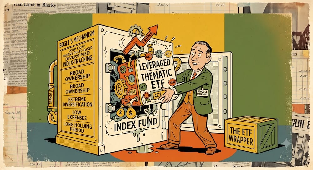 Mecanismo de Fondo Indexado de Bogle versus ETFs Tematicos Apalancados Modernos Un grafico conceptual que ilustra la filosofia de inversion de John Bogle como una caja fuerte segura. Dentro de la caja, que representa el mecanismo original del fondo indexado, estan los pilares centrales como propiedad amplia del mercado, bajos gastos y largos periodos de permanencia. Un hombre preocupado del Departamento de Producto lucha por remover estos limites para reemplazarlos con engranajes complejos y bolsas etiquetadas como ETF Tematico Apalancado, Comisiones y Tendencia, mostrando como los productos modernos pueden falsificar la etiqueta de seguimiento de indices abandonando la disciplina fundacional.