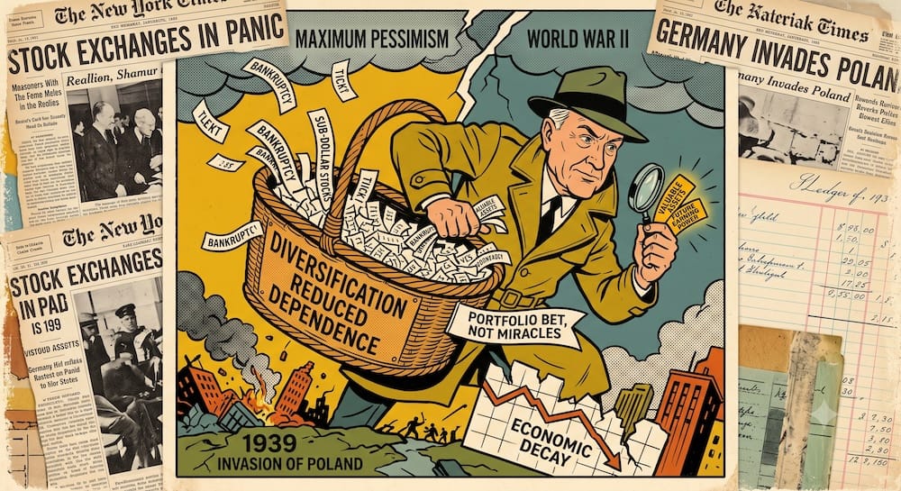 Visualizing John Templeton’s 1939 Diversified Portfolio Strategy: A Bet on Distribution, Not Miracles John Templeton as a massive investor uses an enormous wicker basket to catch a flood of falling stock tickers. The basket is labeled 'DIVERSIFICATION REDUCED DEPENDENCE' and he is deliberately gathering 'BANKRUPTCY' and 'SUB-DOLLAR STOCKS' during the chaotic 1939 market environment, prioritizing a distribution of outcomes over precise selection.