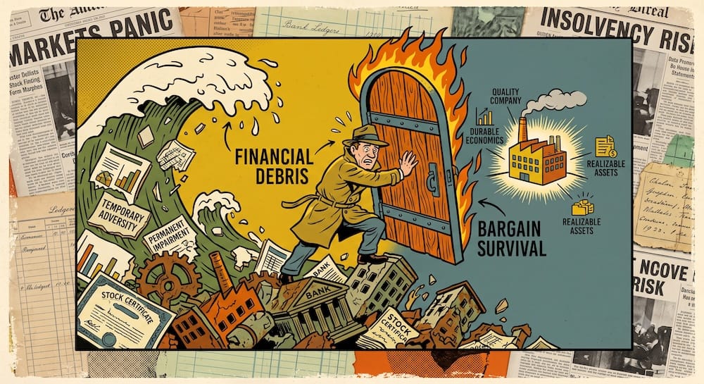 Investment Distinction Analysis: The Analytical Firewall Between Financial Debris and Bargain Survival An investor wearing a trench coat and fedora physically builds a firewall between a tidal wave of broken statistics and a stable, glowing factory labeled QUALITY COMPANY. He constructs the barrier from large letters spelling BARGAIN SURVIVAL. The scene represents differentiating temporary adversity from permanent impairment when buying distressed securities.