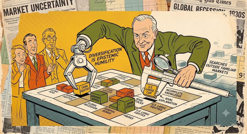 Construcción de cartera y humildad epistémica: John Templeton usa enormes calibradores de 'humildad epistémica' y lupas para analizar las valuaciones de las acciones, mientras su otro brazo usa una gigantesca garra mecánica de diversificación para colocar bloques de activos globales de 'conocimiento incompleto', visualizando el comportamiento activo en la gestión de inversiones.