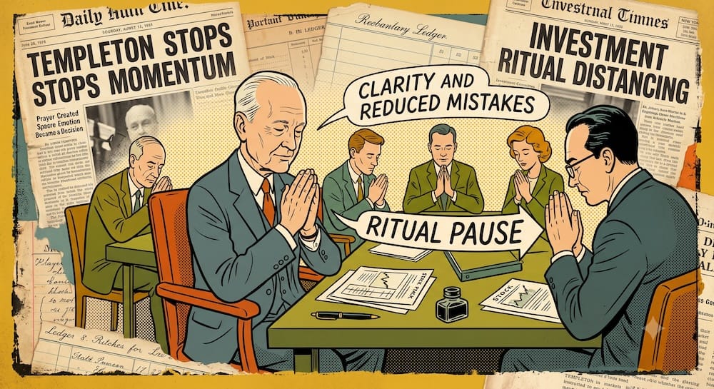 Ritual de pausa en inversiones: John Templeton lidera un comité de inversiones en una pausa ritual obligatoria antes de comenzar el análisis del mercado. Un espacio físico en la mesa de conferencias representa la 'PAUSA RITUAL' separando la 'RESPUESTA EMOCIONAL' de la 'DECISIÓN DE VALUACIÓN RACIONAL'.