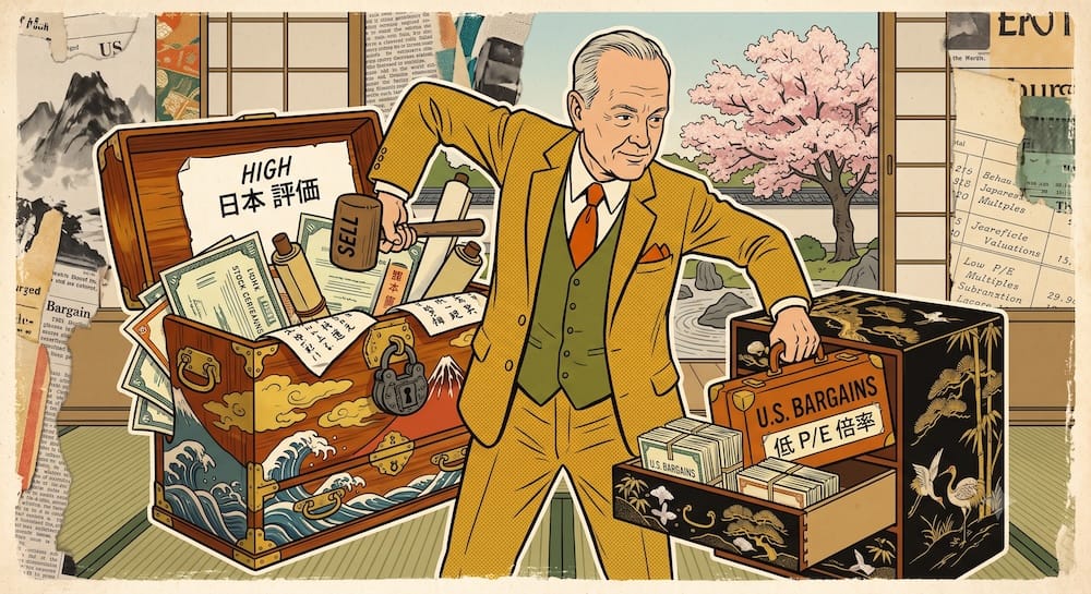 Global investor John Templeton executes a capital reallocation shift away from Japanese equities due to rising multiples. He uses a sell gavel on an ornamental Japanese chest filled with overvalued securities, transferring capital into a lacquer chest labeled "U.S. BARGAINS" with low price-earnings ratios, demonstrating how valuation shifts alter geographical concentration.