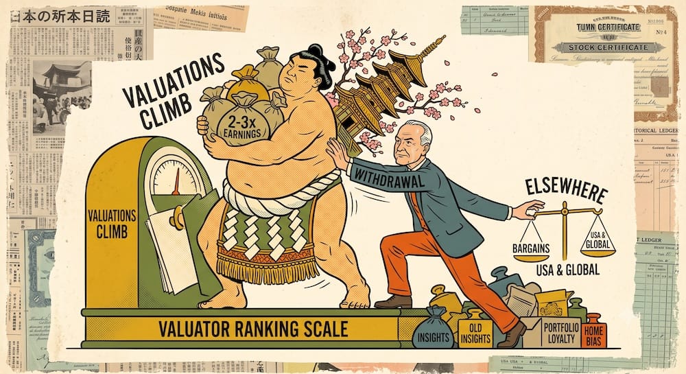 Fase de Reevaluación y Salida de Templeton: Cambiando Capital de Activos Caros a Gangas Globales Fase de retiro en la estrategia global de Templeton ilustrada por un inversor empujando a un pesado luchador de sumo, que sostiene una bolsa marcada como 2-3x de ganancias, fuera de una balanza de rankings de valuación, mientras se acerca a una balanza de gangas globales para evitar la lealtad a la cartera.