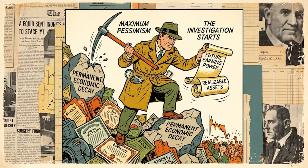 John Templeton’s Maximum Pessimism Strategy: Where Fundamental Investment Analysis and Value Investigation Begin An investor wearing a trench coat uses a pickaxe to break through rock labeled 'Permanent Economic Decay.' From within the rock, he pulls a scroll identifying 'Future Earning Power' and 'Realizable Assets.' This scene represents John Templeton’s investment strategy of using widespread market pessimism as the entry point for deep fundamental research and valuation analysis.