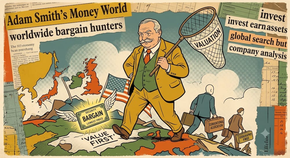 Global value investor John Templeton acts as a worldwide bargain hunter, stepping across a world map with a net labeled "VALUATION" to catch a winged security offering the "LOWEST PRICE." He walks a "VALUE FIRST" path, while conventional allocation peers walk a "GEOGRAPHY FIRST" route, demonstrating how company-level analysis should dictate country exposure rather than macro economic trends.