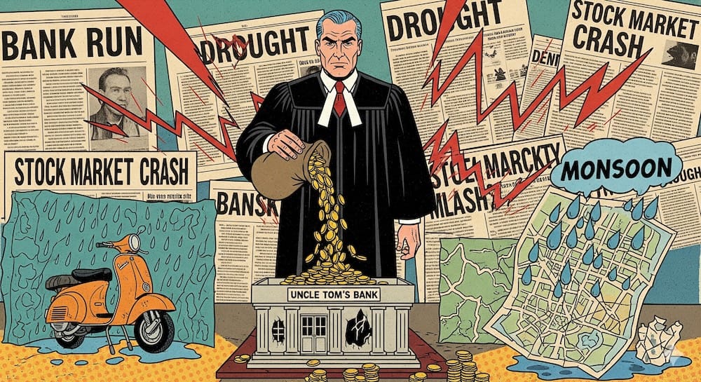 Illustration of a judge pouring gold into Uncle Tom’s Bank during the Great Depression as headlines of bank runs, drought, and stock market crashes surround him, symbolizing liquidity injection and crisis alpha in 1930s Nebraska