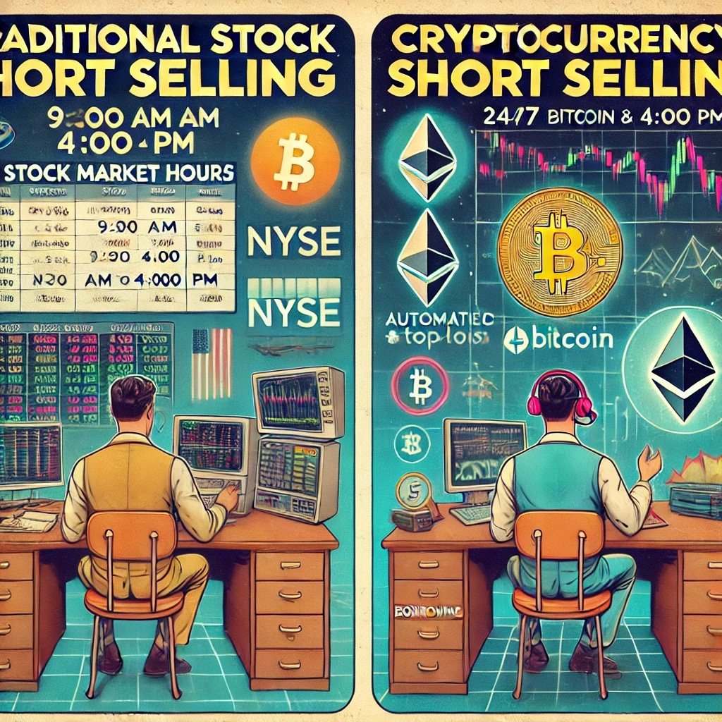 juxtaposes the similarities and contrasts between traditional stock short selling and cryptocurrency short selling. On the left, a traditional stockbroker is shown at a desk with stock charts and operating within fixed market hours. On the right, a crypto trader is depicted in a futuristic, 24/7 trading environment with dynamic Bitcoin and Ethereum price charts. Visual cues like margin accounts, borrowing fees, and automated stop-loss tools bridge the two, while the retro-futuristic aesthetic ties the concept together.