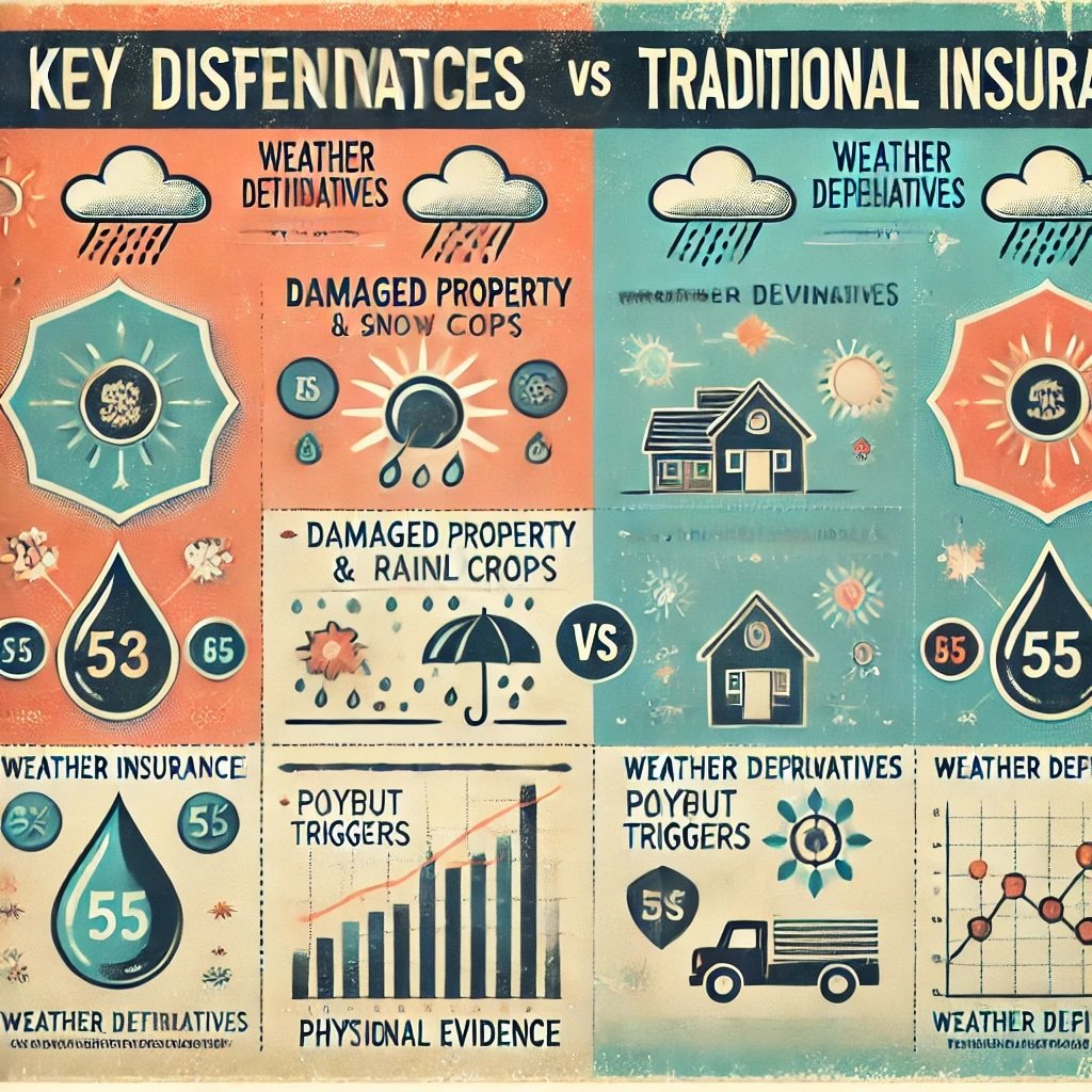 key distinctions between weather derivatives and traditional insurance contrasts physical evidence-based payouts of insurance with index-triggered payouts of weather derivatives