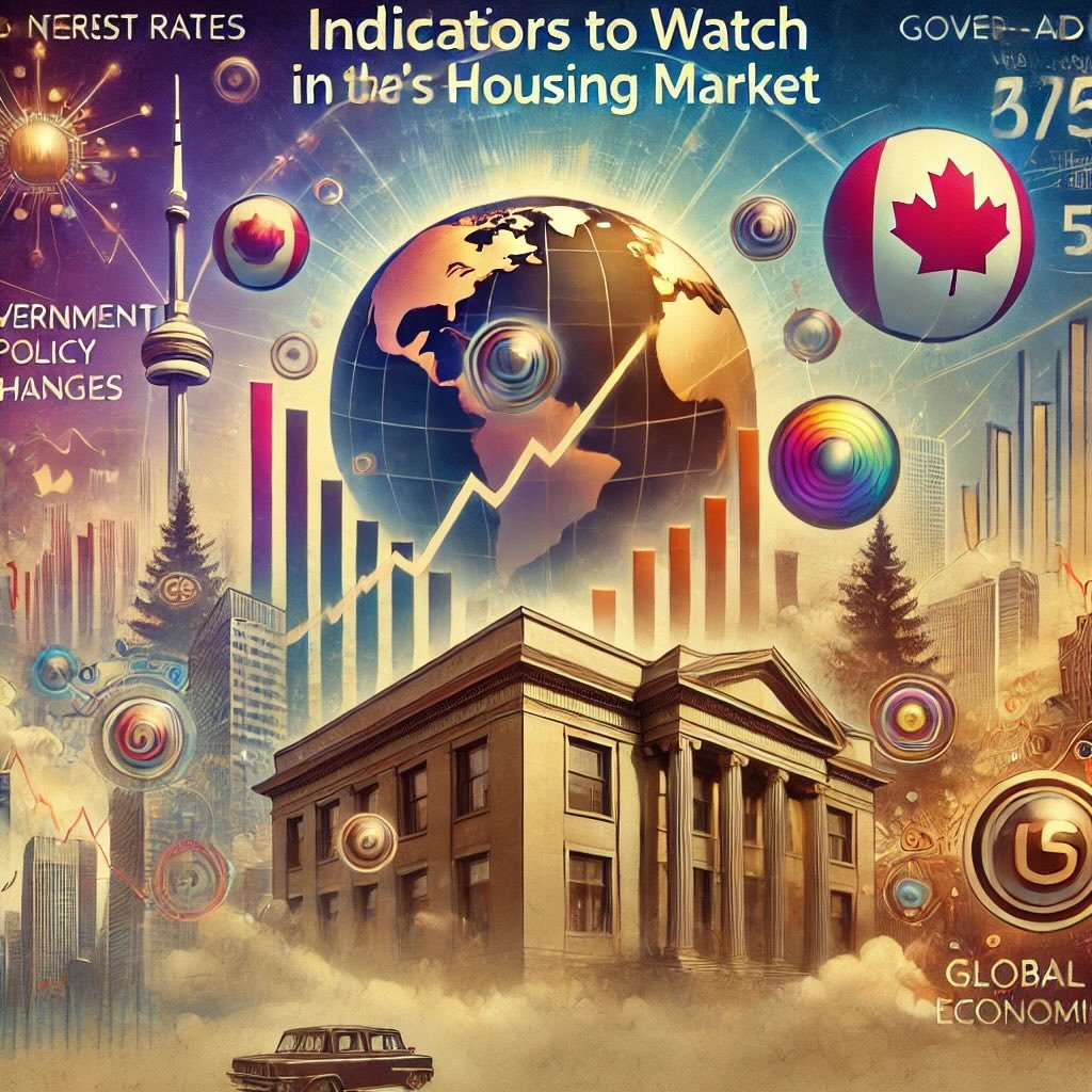 key indicators to watch in Canada's housing market, focusing on interest rate trends, government policy changes, market sentiment, and global economic factors