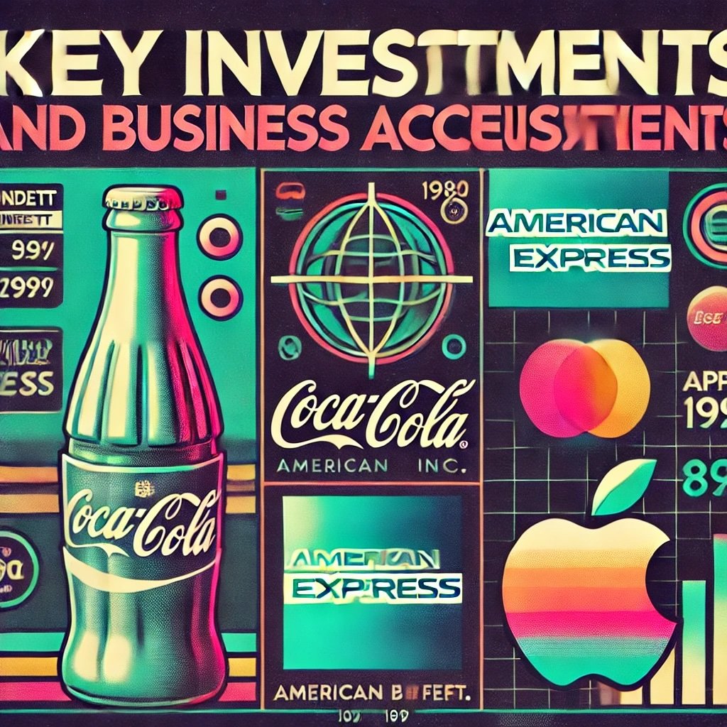 Key Investments and Business Acquisitions with icons for Coca-Cola, American Express, and Apple Inc emphasizing Buffett's impactful investment choices