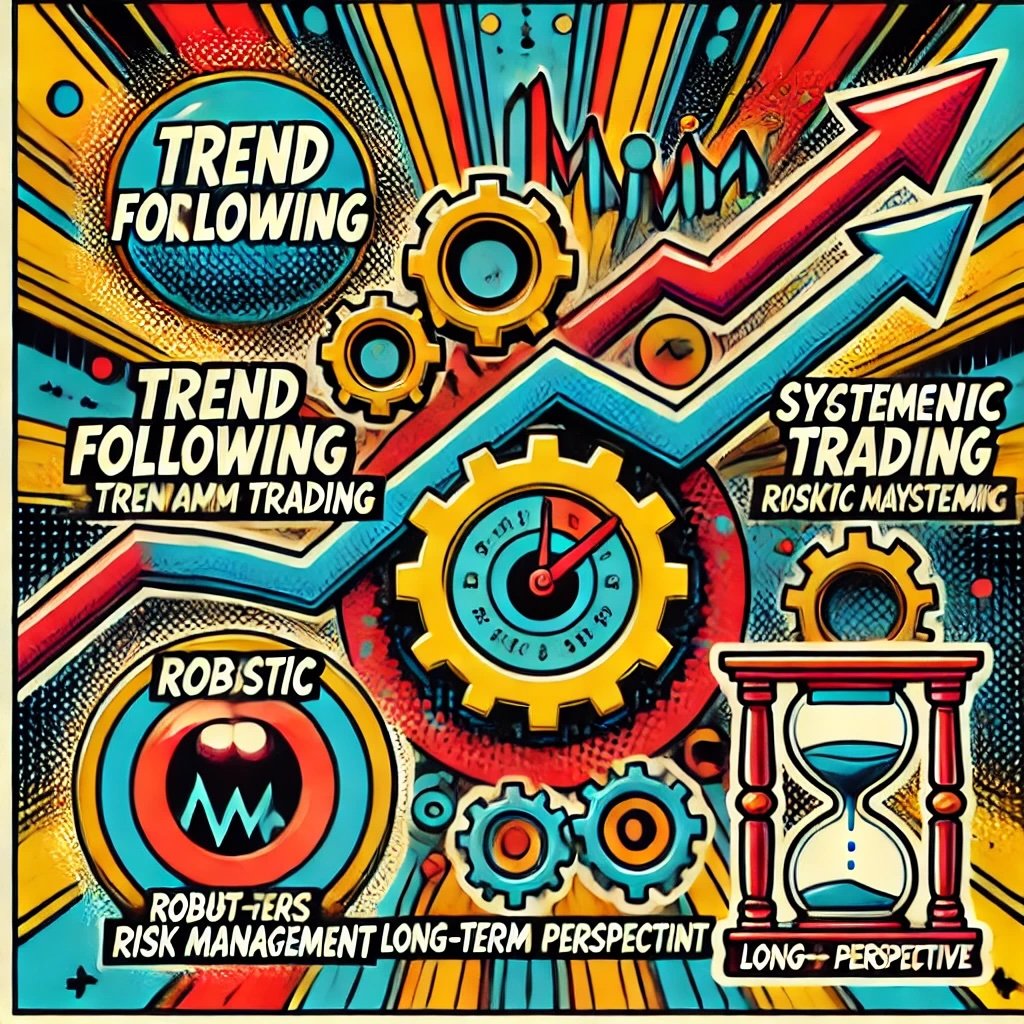 key principles of David Druz’s trading approach trend following with arrows, systematic trading with gears, robust risk management with a shield, and long-term perspective with a clock 